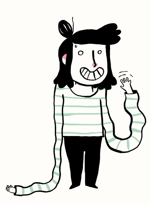 Personnage faisant coucou l'air gêné.